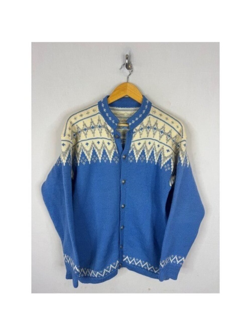 Vintage Nordic Fair Isle Button Front Cardigan Sweater Blue Cream Women L